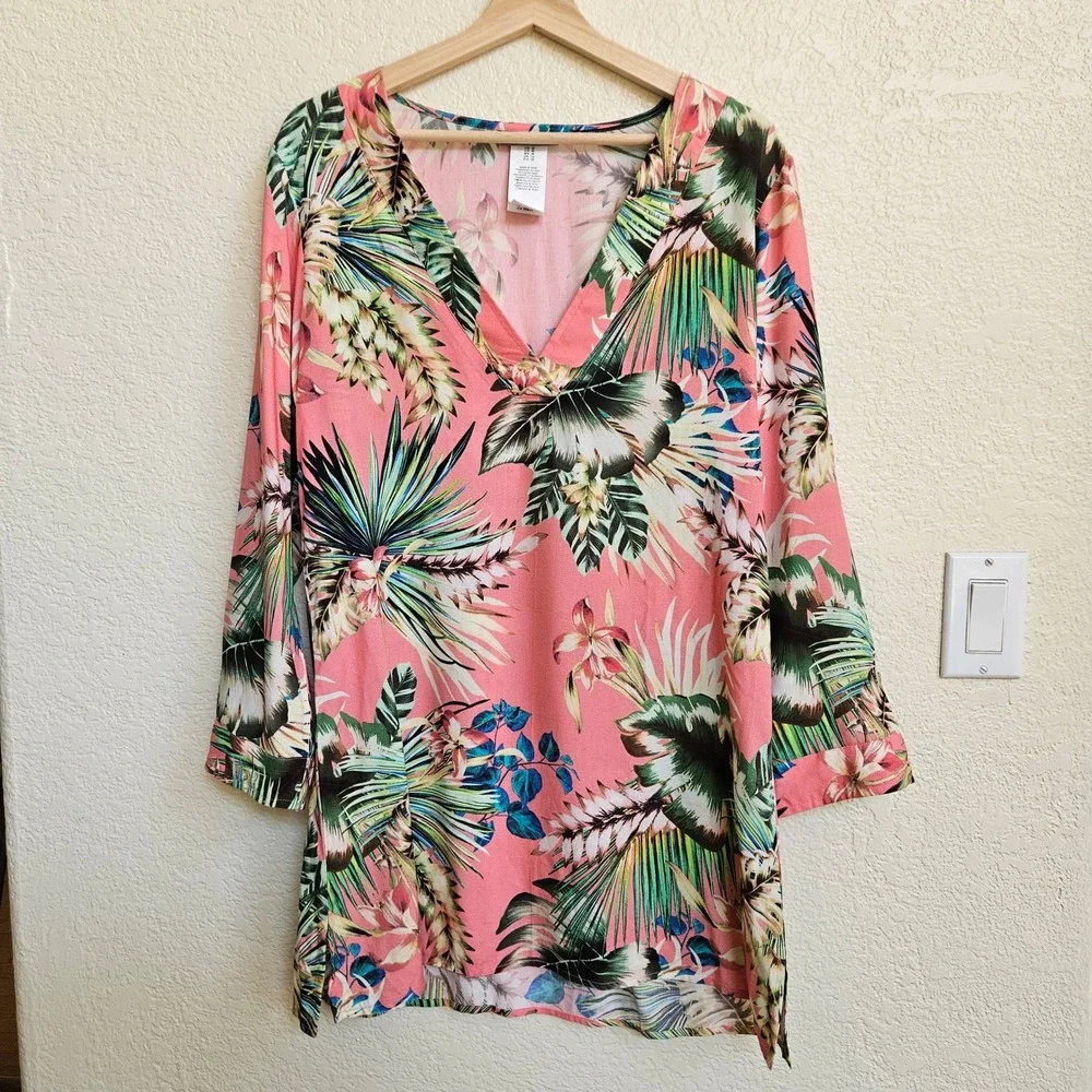 La Blanca Tropical V-Neck Tunic Beach Cover Sz Medium Coastal Grandma Resortwear